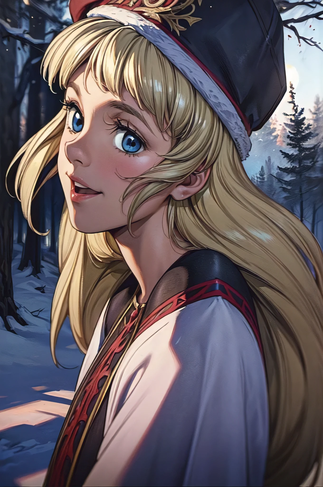 2 girls, sister, older sister and little sister, (masterpiece:1.1), (best quality:1.1), 1girl, Real light and shadow, anime face, 4k, 8k, wallpaper,epic, detail texture, blonde hair, (blue eyes:1.5), ((((blond hair:1.35, long hair)))),intricate eyes,beautiful detailed eyes, (symmetrical eyes,big eyes:1.5,(((lustrous skin:1.5,bright skin: 1.5,skin tanned,shiny skin,very shiny skin,shiny body,plastic glitter skin,exaggerated shiny skin,illuminated skin))),(detailed body,(detailed face)), cute, erotic,daring, (((medieval man armor, fur hat, adventurer man armor,winter coat))),(((intricate outfit,intricate clothes, embroidered outfit,ornate outfit,embroidered clothes,ornate clothing))), (dynamic pose:1.0),happy,smile,(centered,scale to fit dimensions,Rule of thirds), ((snowy pine forest at night)), with dark stormy clouds,winter,scenery:1.25,((snow forest background)),Christmas tree, highres,sharp focus,(ultra detailed,extremely detailed),(photorealistic artwork:1.37),(extremely detailed CG unity 8k wallpaper),(((vibrant colors,vibrant theme))),(intricate),(masterpiece),(best quality), younger sister