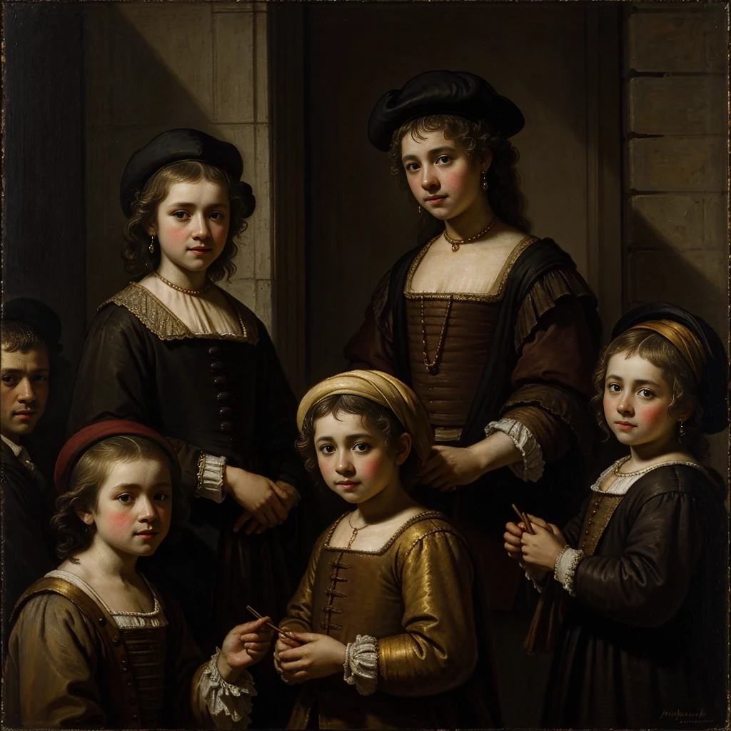 Rembrandt-style painting、During the French Revolution,18 century ,Begging on the street、Wearing rags、The face is dirty, Poor girl, Beautiful young farm girl, Gold hair, Streets of Paris, Naoreon's soldiers are marching
