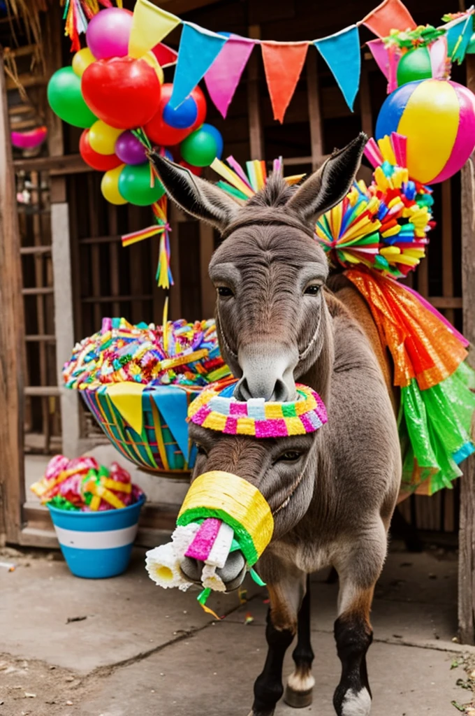 A piñata of a Sabanero donkey eating a bowl full of candy 