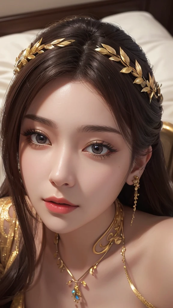 a close up of a woman in a gold dress laying on a bed, , extremely detailed artgerm, 8k high quality detailed art,  extremely detailed goddess shot