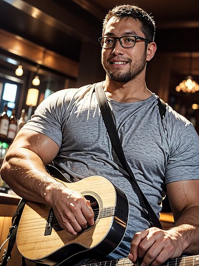 crew cut, (((full body))), (((landscape))), mature man, [slightly fat], asian man, rounded face, brown eyes, ((rounded face)), glasses, balding, 1boy, Solo, (big shoulders), (((stubbles, Short beard))), playing guitar and sing, in the bar, people cheering,