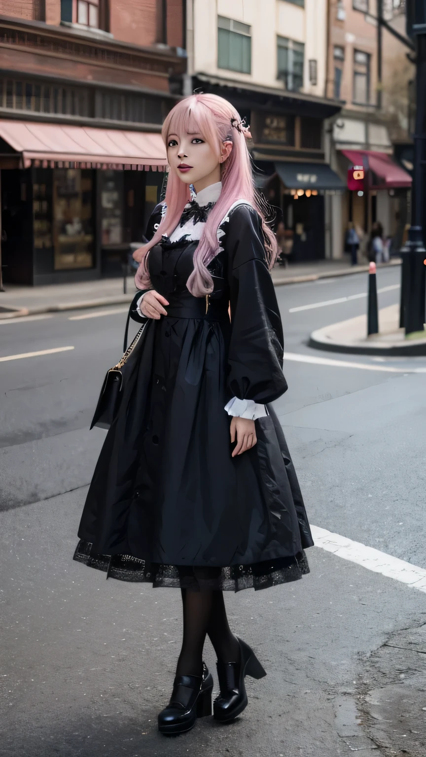 One woman、Pink Hair,Hime cut,Gothic ta,In town,Looking at this,29-year-old