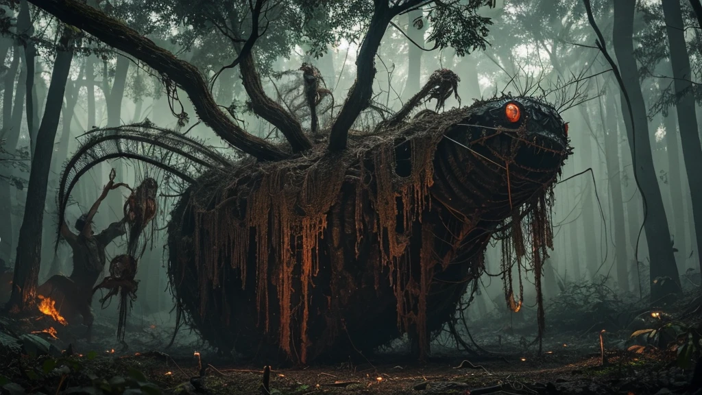 A giant, rotting caterpillar-like creature covered in human-like eyes and mouths, weaving webs of sinew and flesh in a dark, eerie forest. The web is pulsating with life, capturing its prey in a macabre embrace.