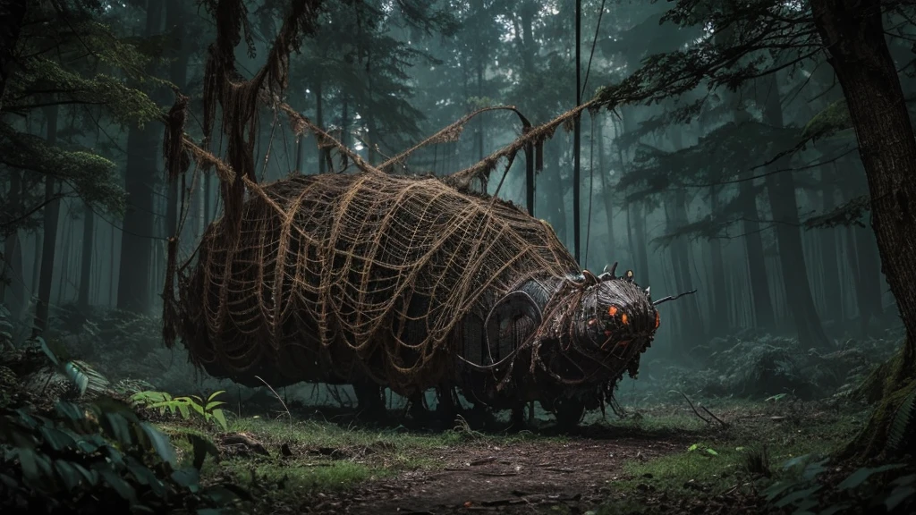A giant, rotting caterpillar-like creature covered in human-like eyes and mouths, weaving webs of sinew and flesh in a dark, eerie forest. The web is pulsating with life, capturing its prey in a macabre embrace.