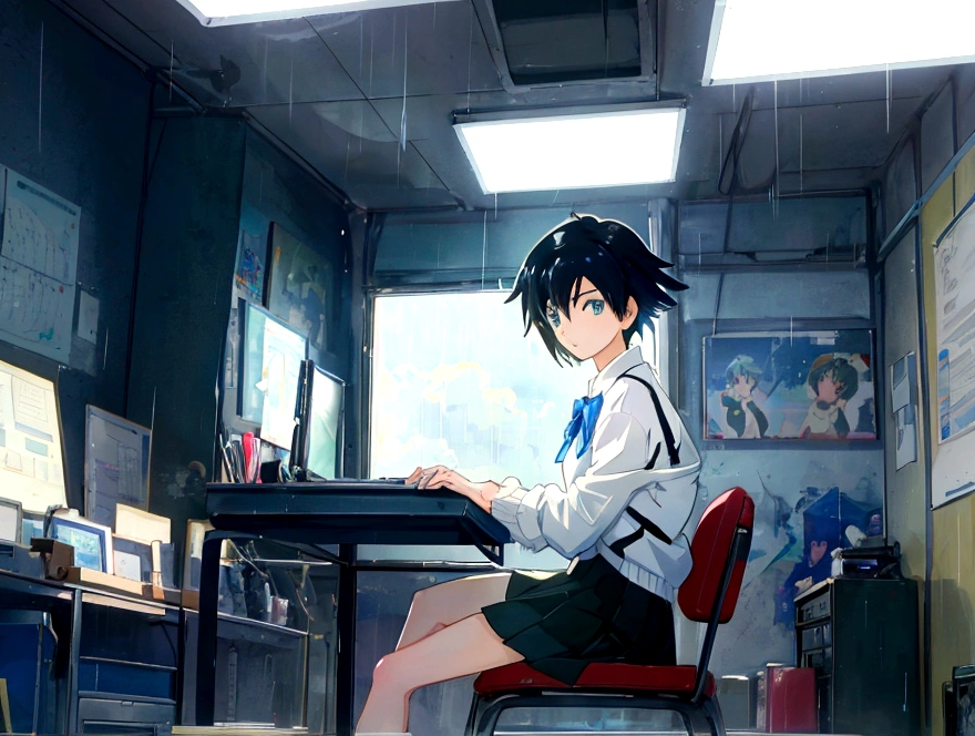 Anime girl sitting at a desk with a laptop and a book, Lo-fi art style, Anime Aesthetics, Lo-fi Girl, Anime Background Art, Studio Greeble Makoto Shinkai, Lo-fi Girl aesthetic, Makoto Shinkai style, In the style of Makoto Shinkai, ( ( makoto shinkai ) ), Relaxing environment, Makoto Shinkai's art style, eyes look outward, It's raining outside