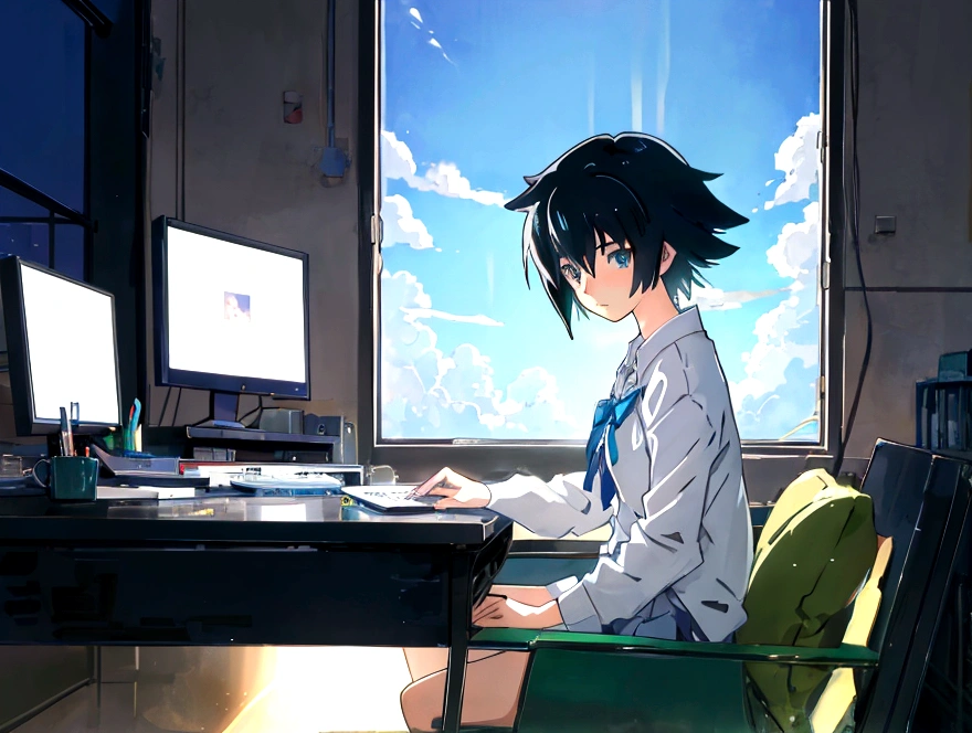 Anime girl sitting at a desk with a laptop and a book, Lo-fi art style, Anime Aesthetics, Lo-fi Girl, Anime Background Art, Studio Greeble Makoto Shinkai, Lo-fi Girl aesthetic, Makoto Shinkai style, In the style of Makoto Shinkai, ( ( makoto shinkai ) ), Relaxing environment, Makoto Shinkai's art style, eyes look outward, It's raining outside