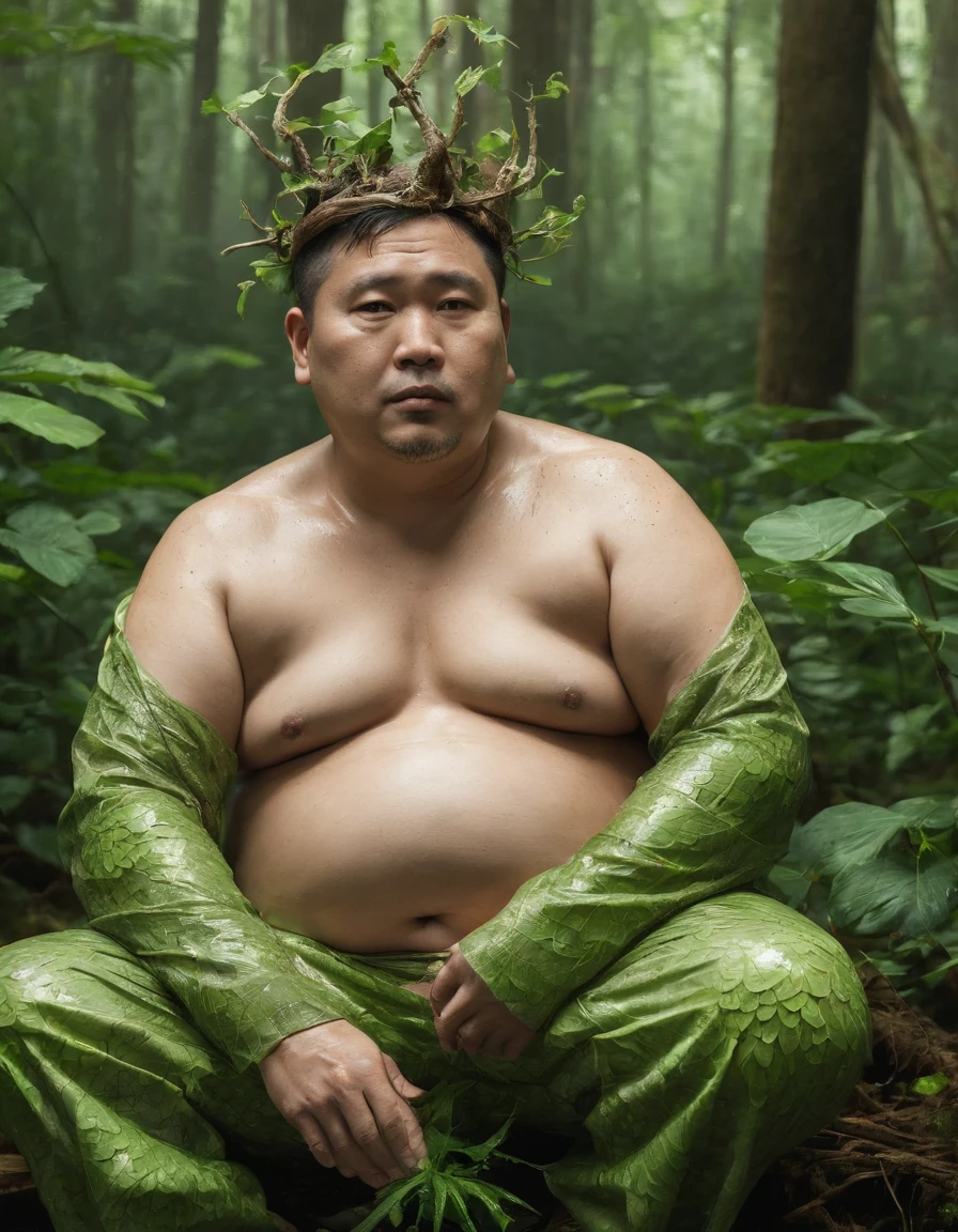 Forest man, 50 year old, Asian, fat man, Chubby, Shirtless, no shirt, wearing leaf pants, with vines on his head, sitting in the deep forest, raining, wet.