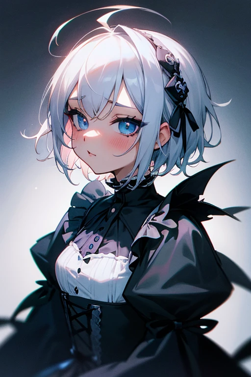 Short white hair, blush, Gothic Lolita、Punk Fashion、Headbang 2.、Blue and black clothes、