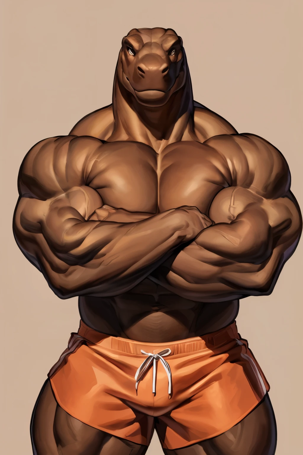 Furry, Anthro, (Komodo dragon), Male, Standing, (muscular body), Wearing ((orange)) swim shorts, ((((massive muscular arms, flexing, looking at viewer, standing)))), (((front view, massive thighs, massive biceps, small head))) Plain background, Brown Skin, by buta99, by meesh, realistic, full body