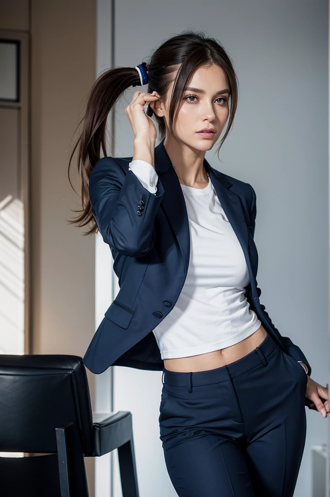 Women as CEOs, Tailored dark blue suit, blazer, pants, Rotating body, Narrow waist, expensive cheekbones, Thick lips, Ponytail with side bangs, expensive, White T-shirt, Alize