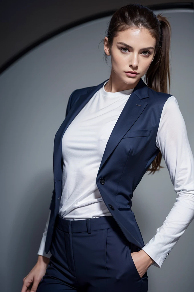 Women as CEOs, Tailored dark blue suit, blazer, pants, Rotating body, Narrow waist, expensive cheekbones, Thick lips, Ponytail with side bangs, expensive, White T-shirt, Alize