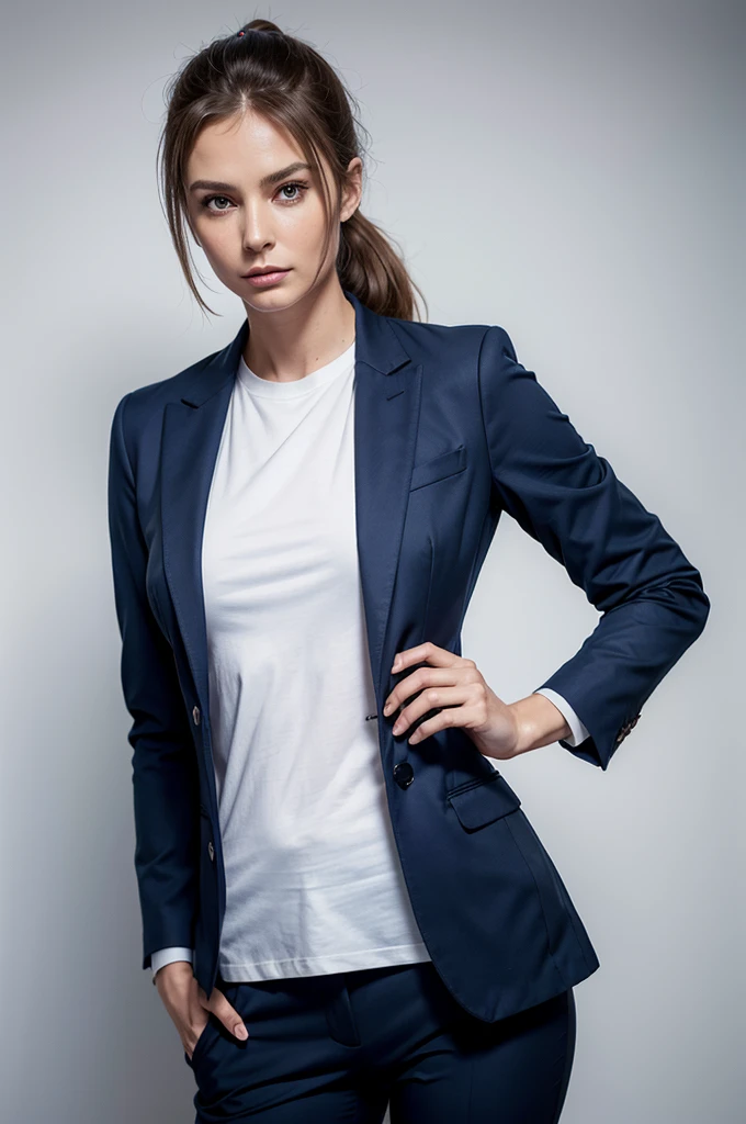 Women as CEOs, Tailored dark blue suit, blazer, pants, Rotating body, Narrow waist, expensive cheekbones, Thick lips, Ponytail with side bangs, expensive, White T-shirt, Alize