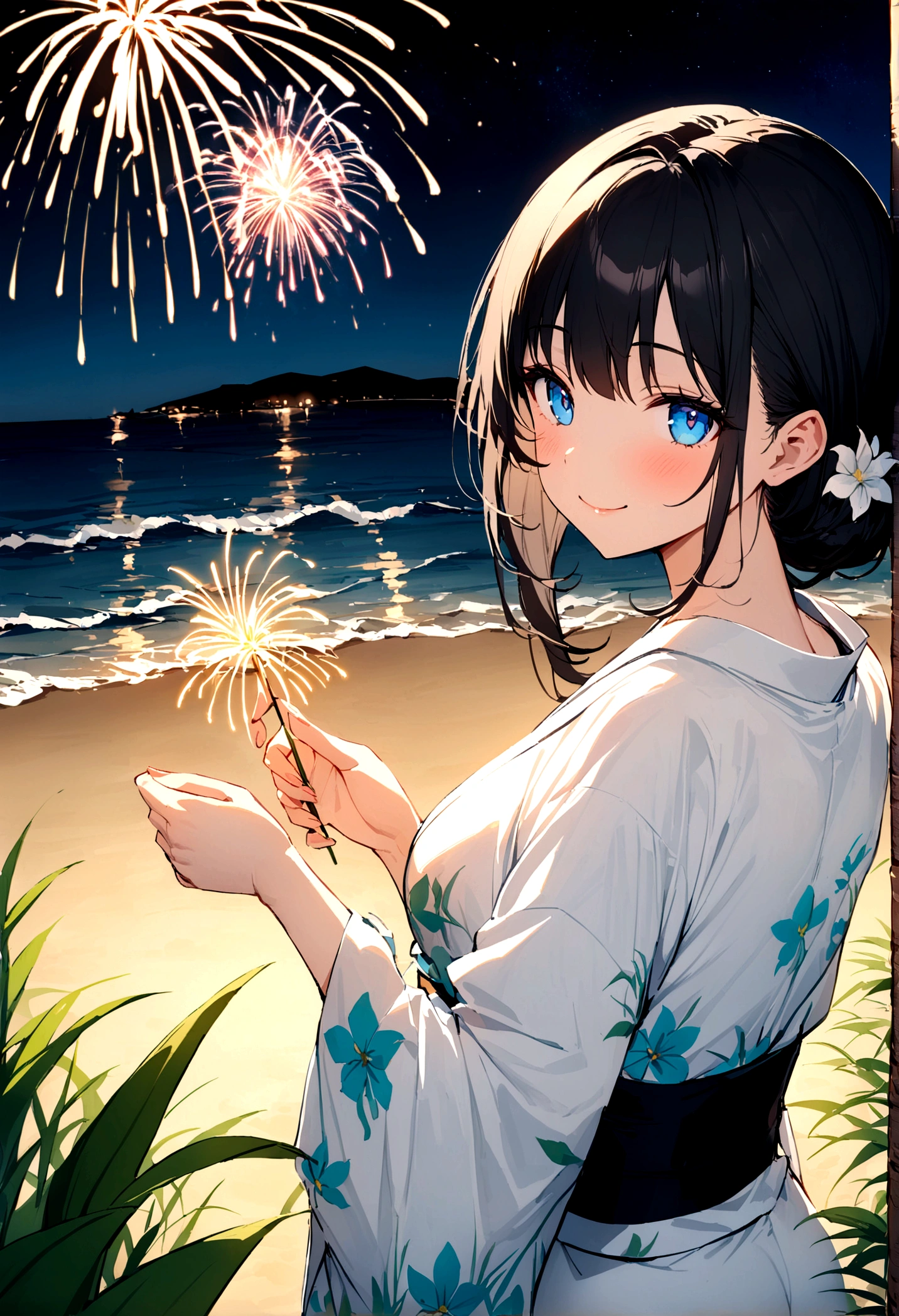 masterpiece, best quality, Summer Kimono,Light-colored kimono，White-headed flower，Flowering, Blue Eyes，firework, firefly，reed bush, Smile, Night Sky, Black hair，（Back），Beach