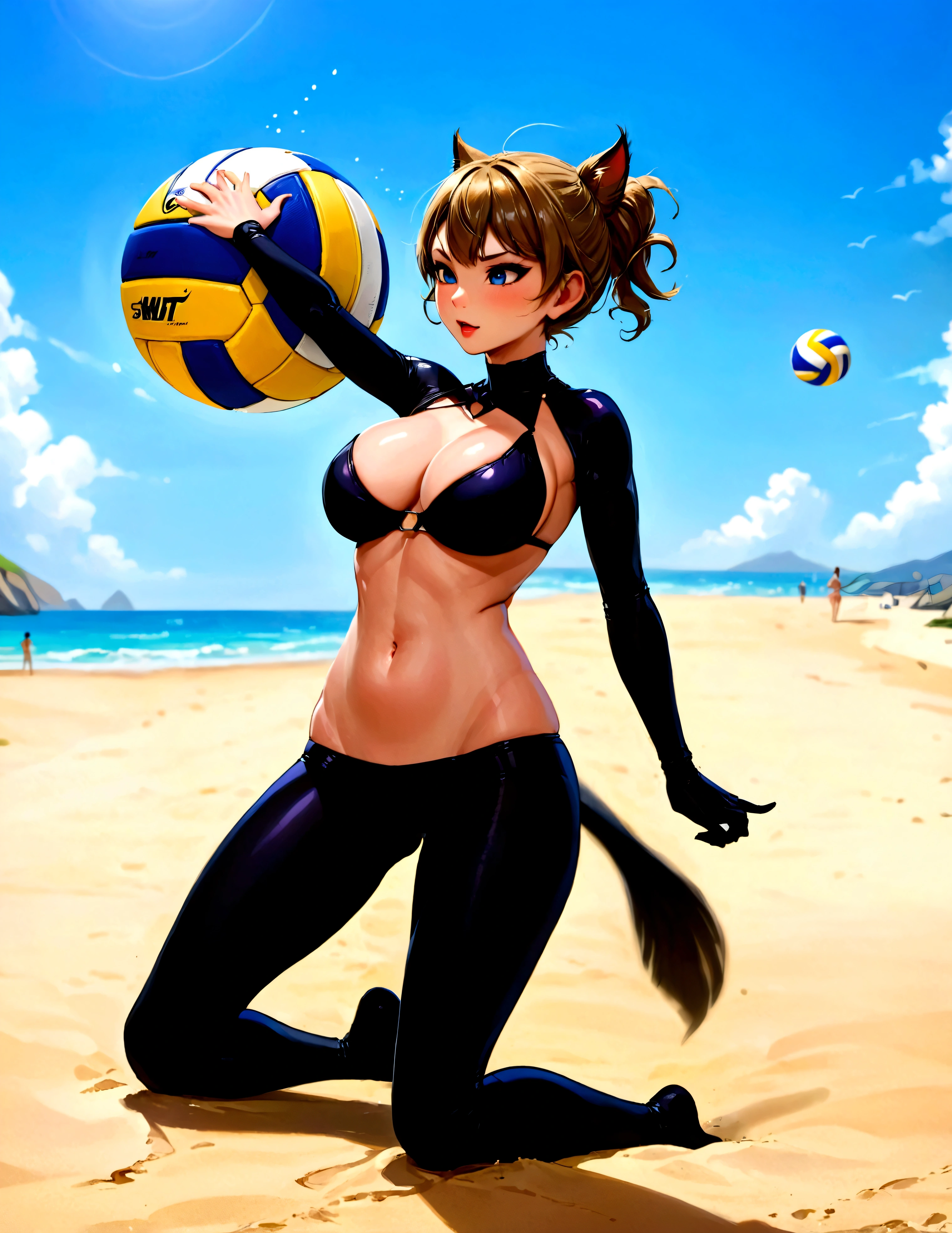 swift woman as Catwoman in a sinfully sexy beach outfit (breasts and butt over exposed) is playing volleyball on the beach
