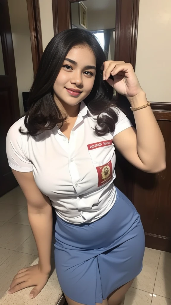 1girl, solo, sensual girl, one person, bright lighting, middle frame positioning, medium distance, wide angle view, (Indonesian_high_school), semi-curvy body, indoors, pose on hotel bed, detailed face, detailed eyes, unparalleled beauty, looking at the camera , semi-thick breasts, detailed skin, muscular legs, muscular arms, muscular belly, looking at the audience,wearing short skirt, wearing white shirt, (8k, RAW photo, best quality, masterpiece: 1.2), (realistic, realistic: 1.5), ultra-high resolution