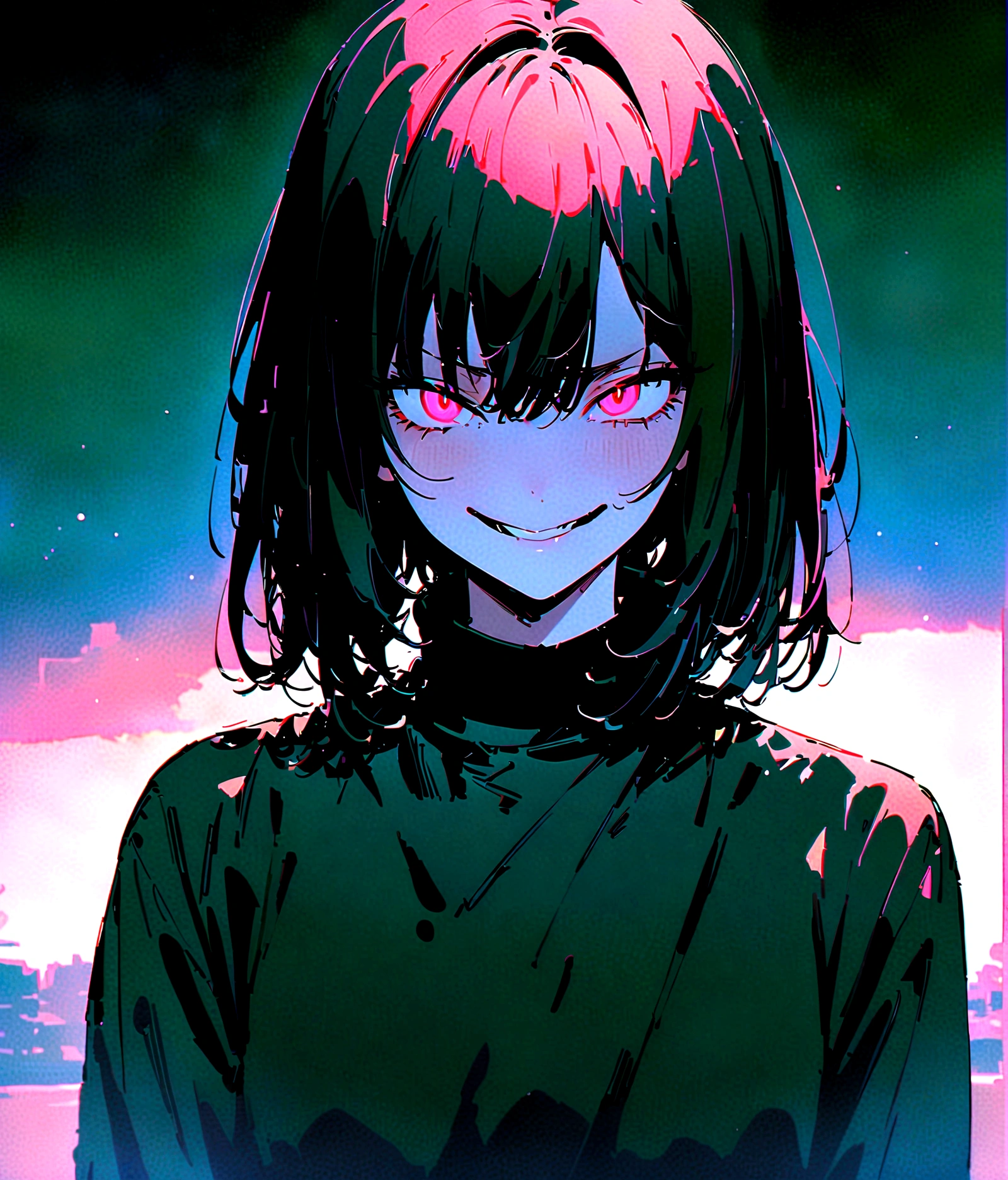 (Masterpiece:1.2, Best Quality), 1 woman, whole body, black sweater, Casual, by the green wide, minimal makeup, , pale,Natural fabrics, closeup face, evil smile, bright eyes circular pupils,8K high resolution, detailed lines, ((whole body))