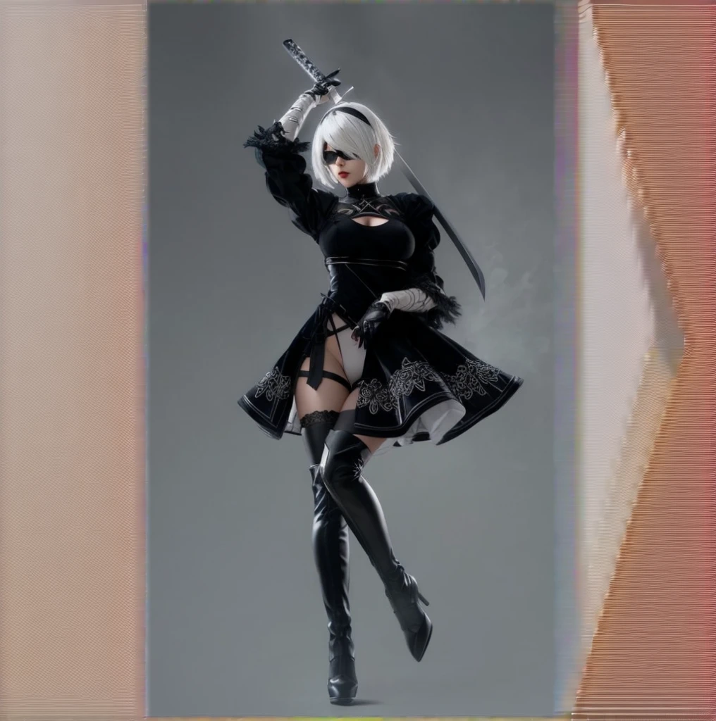 Close-up of a woman in a black dress and black stockings、ニーアオートマタの2b、2b、2b、ニーアオートマタの2b、2bニーアオートマタ、Beautiful seductive anime woman、Enchanting anime girl、Beautiful anime girl squatting、Young J、Highly detailed art gallery、8K high quality detailed art