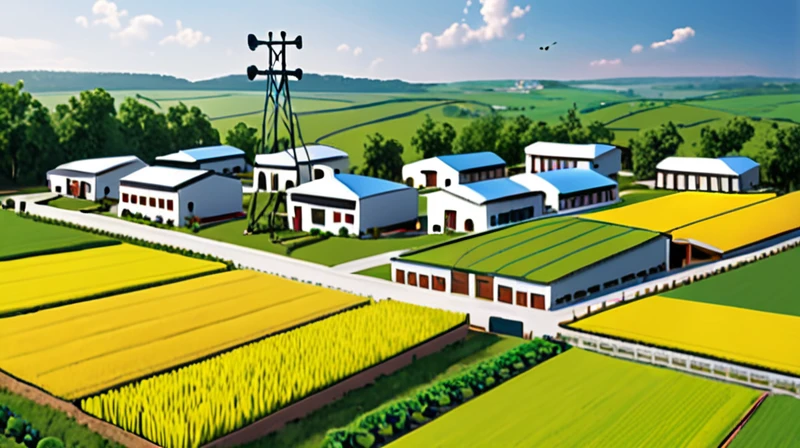 Smart Village: Bridging Tradition and Technology Connected Community: Villagers embracing the internet and computers, enhancing their daily lives and work. Modern Farming: Farmers utilizing smartphones for better crop management and market access. Tech-Enabled Families: Happy families benefiting from improved communication and education through technology. Innovative Infrastructure: Mobile towers ensuring seamless connectivity, with drones and robots supporting agricultural