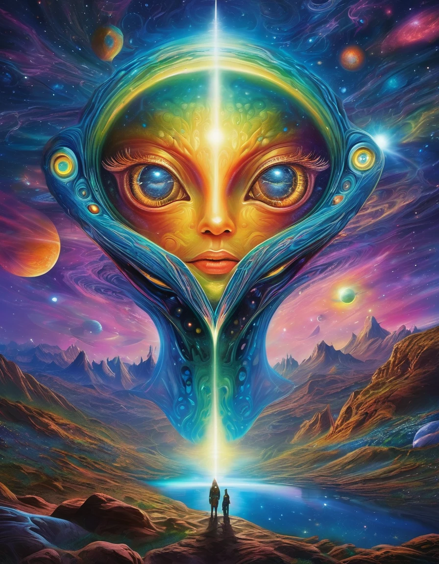 (Best quality,ultra detailed,realistic:1.37), Extraterrestrial life forms, Glowing unearthly eyes, Complex alien characteristics, bright colors, sky background, space atmosphere, mystical aura, otherworldly presence, starry sky, Shining Celestial Bodies, Interstellar beauty, Mesmerizing light patterns, Surrealist composition, otherworldly shine.