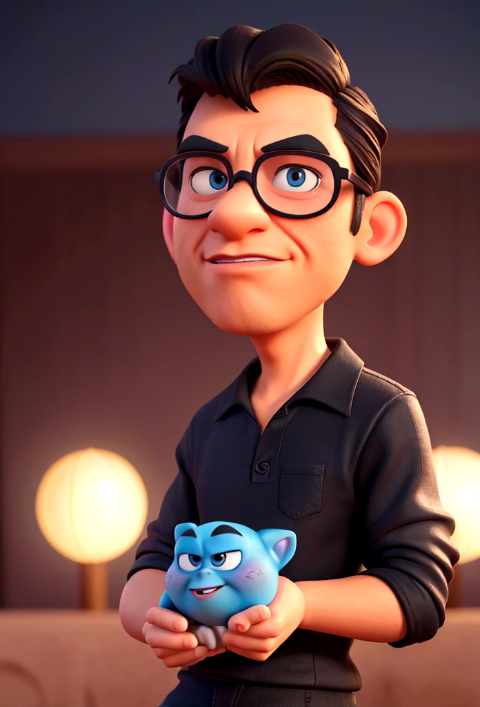 Cartoon character of a man in black glasses and blue shirt, an animated character, stylized character, animation style rendering, 3d stylized, Arnold Maya rendering, Stylized 3D rendering, toon render screenshot, 3d character, 3d character, Stylized 3D rendering, 3D character rendering, cartoon character, Personagem de close up, character posing, (Pixar-style) (master part:1.2) (bokeh) (best qualityer) (skin detailed) (detailed texture) (8K) (Argilla) (cinematic lighting) (sharp focus,Sit down and lift your upper body