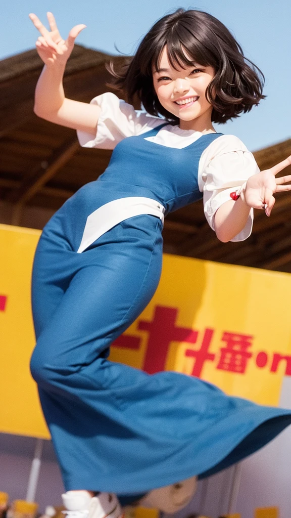 A smiling cartoon woman waving