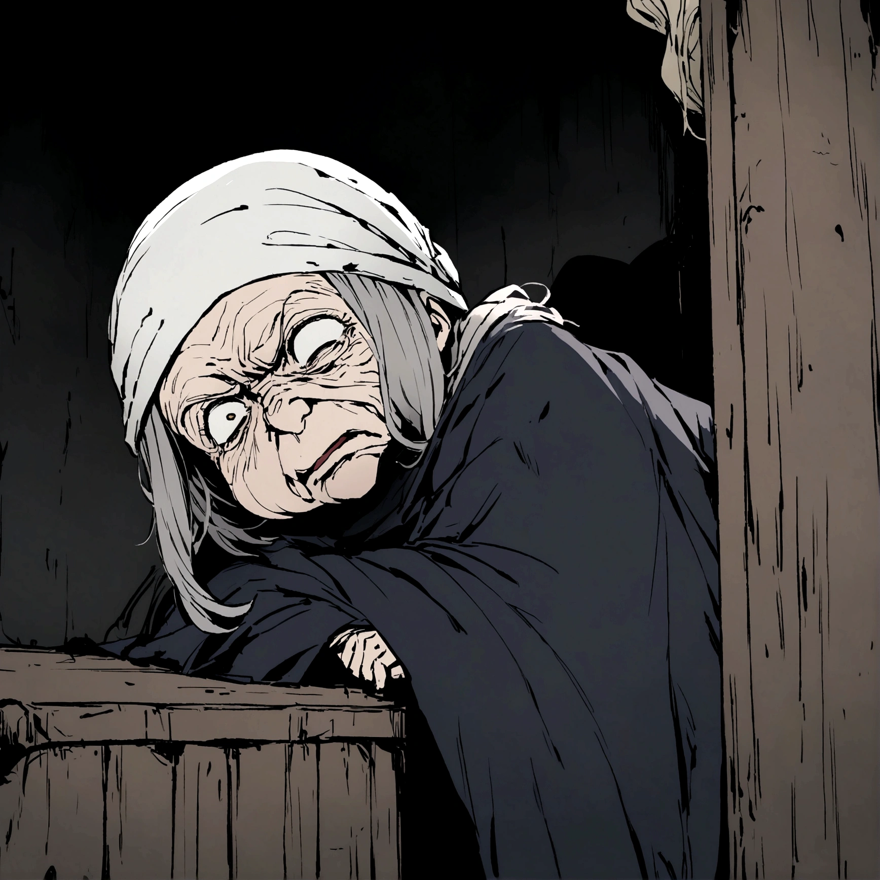 Very old woman, In a dark place,Looks like a corpse, Half of your face is deformed, Angry expression, Gray short hair, Pale and wrinkled skin, pupil, Hunchback posture, With penetrating and, Long black cape, Torn clothes, There is a raven feather cape on the back, The left side of the body is covered with a bandage and a headscarf, dark place, fear, Fear, scary, suspense, mystery, fear