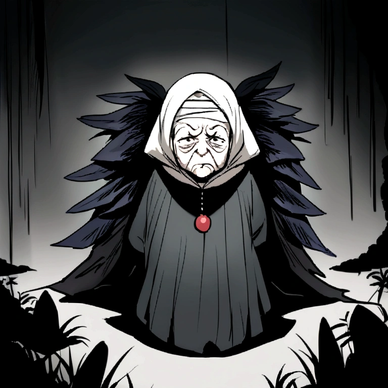 Very old woman, In a dark place,Looks like a corpse, Half of your face is deformed, Angry expression, Gray short hair, Pale and wrinkled skin, pupil, Hunchback posture, With penetrating and, Long black cape, Torn clothes, There is a raven feather cape on the back, The left side of the body is covered with a bandage and a headscarf, dark place, fear, Fear, scary, suspense, mystery, fear