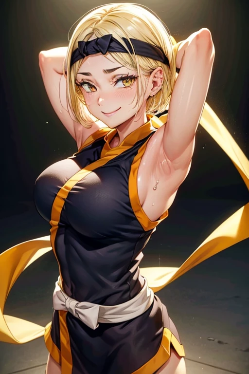 8k high resolution, detailed face, detailed body, perfect body, ultra high quality, 1 girl, sleeveless shirt, seductive smile, arms up, armpit, sweating, black headband, yellow eyes, sweating, sweaty armpits