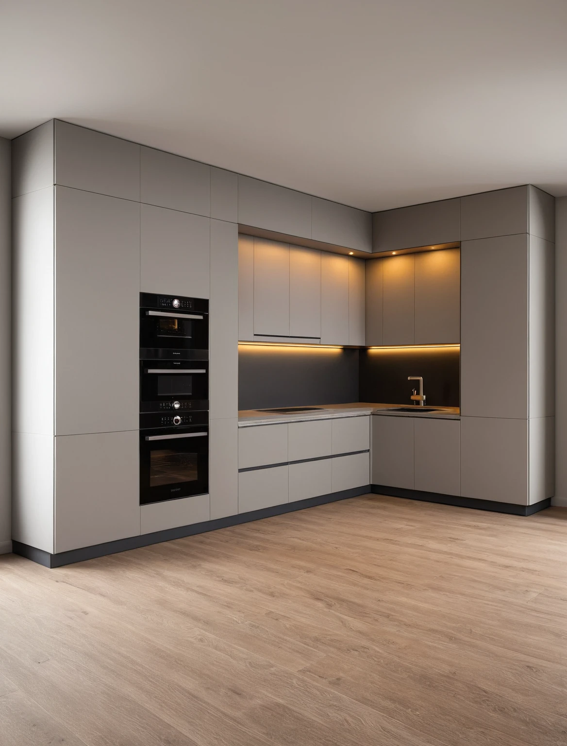 Raw photo,Masterpiece, high quality, best quality, authentic, super detail, interior , sunset, daylight, Kitchen Cabinets style modern, Induction cooker, sink, faucet, oven, built-in microwave, wooden floor, hood, wine cabinet, 