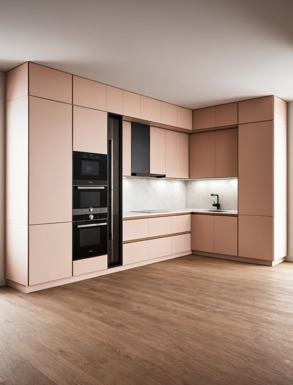 Raw photo,Masterpiece, high quality, best quality, authentic, super detail, interior , sunset, daylight, Kitchen Cabinets style modern, Induction cooker, sink, faucet, oven, built-in microwave, wooden floor, hood, wine cabinet,