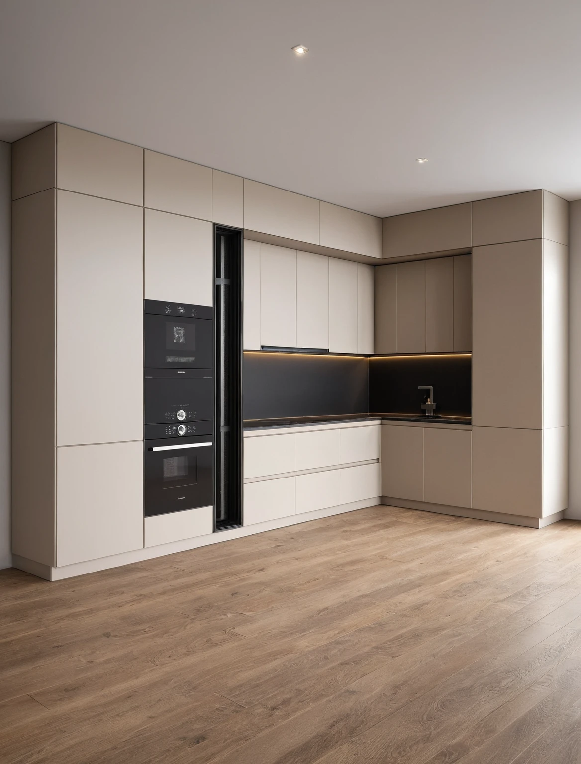Raw photo,Masterpiece, high quality, best quality, authentic, super detail, interior , sunset, daylight, Kitchen Cabinets style modern, Induction cooker, sink, faucet, oven, built-in microwave, wooden floor, hood, wine cabinet,