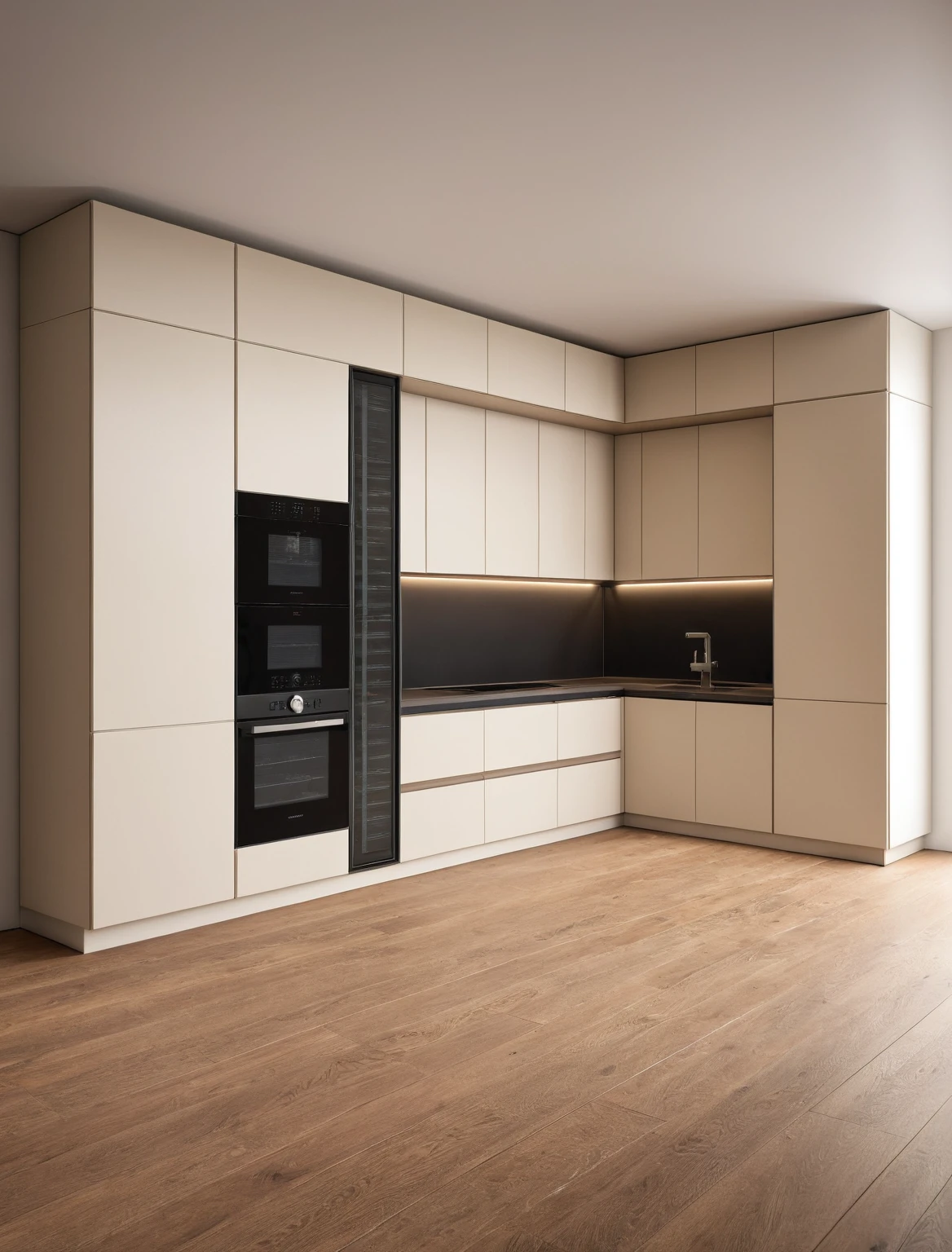 Raw photo,Masterpiece, high quality, best quality, authentic, super detail, interior , sunset, daylight, Kitchen Cabinets style modern, Induction cooker, sink, faucet, oven, built-in microwave, wooden floor, hood, wine cabinet, 