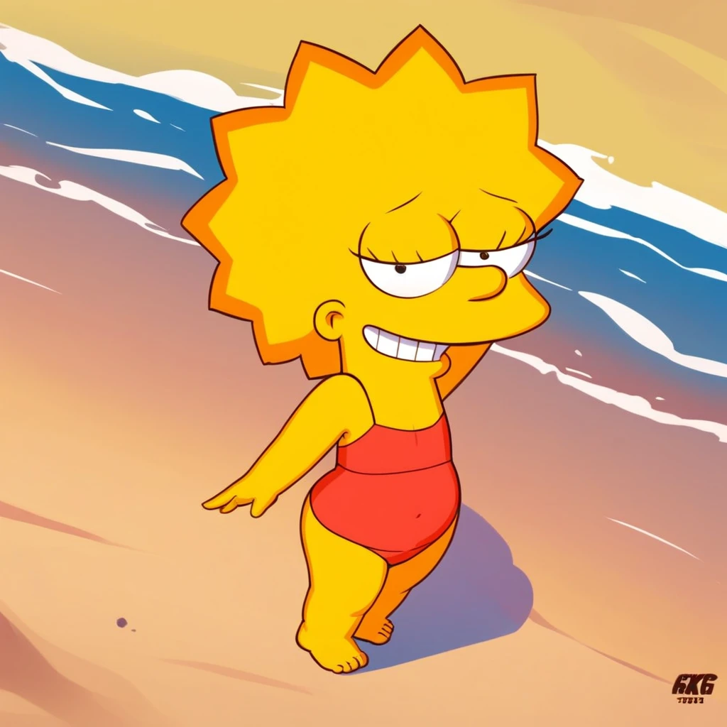 source_cartoon, (((1girl, solo, alone, lisa_simpson, short hair, flat chest, colored skin, yellow skin, shortstack))), looking at viewer, smile,

     red bikini, barefoot,

sexy pose, dynamic pose, dynamic angle, cowboy shot,

outdoor, beach, day,