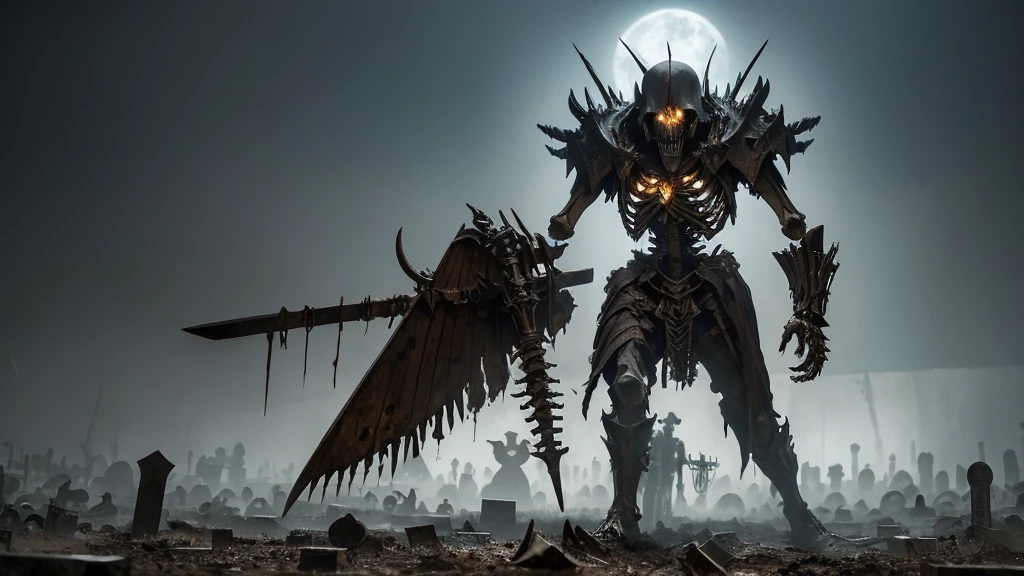 A skeletal monstrosity cloaked in tattered robes, its bones fused with sharp, metallic implements. The Bone Harvester is digging up graves in an ancient, fog-covered graveyard, surrounded by grotesque bone sculptures