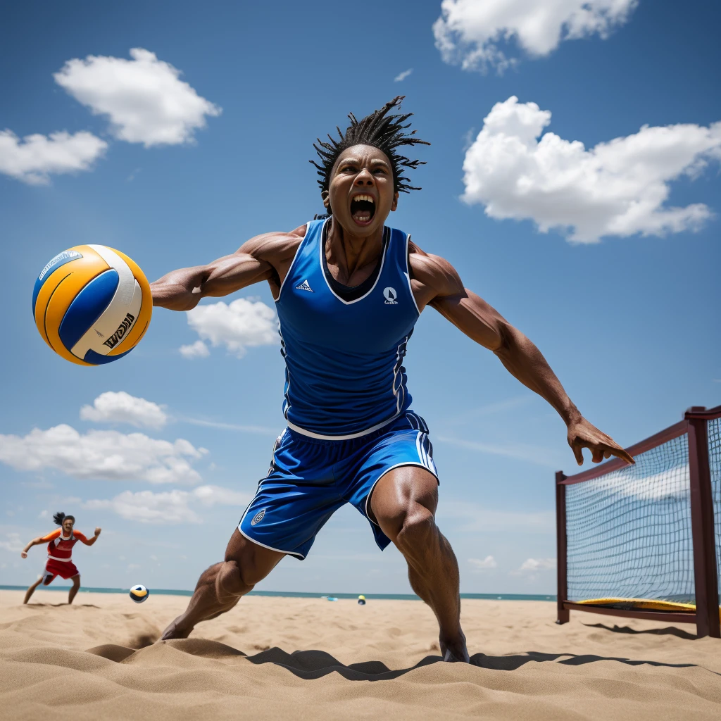 a woman playing beach volleyball, toned athletic body, hands reaching for the ball, sand and ocean in the background, blue sky with fluffy clouds, golden sun rays, detailed facial features, sports outfit, dynamic action pose, realistic lighting, photorealistic, (best quality,4k,8k,highres,masterpiece:1.2),ultra-detailed,(realistic,photorealistic,photo-realistic:1.37),sports,dynamic,energetic