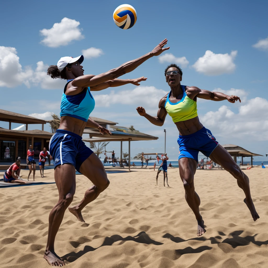 a woman playing beach volleyball, toned athletic body, hands reaching for the ball, sand and ocean in the background, blue sky with fluffy clouds, golden sun rays, detailed facial features, sports outfit, dynamic action pose, realistic lighting, photorealistic, (best quality,4k,8k,highres,masterpiece:1.2),ultra-detailed,(realistic,photorealistic,photo-realistic:1.37),sports,dynamic,energetic