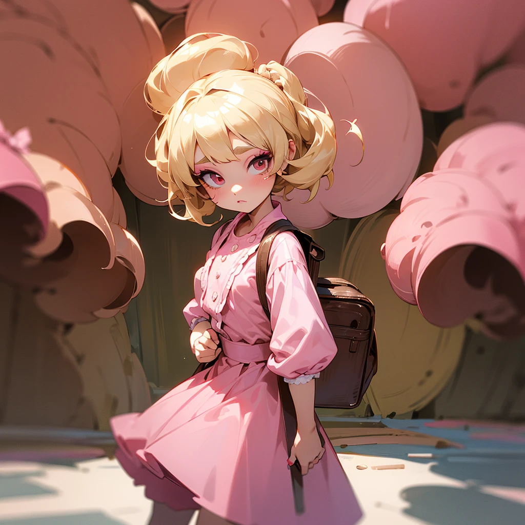 has blonde hair, with some brown highlights, besides wearing a pink vintage dress, and carries a bag with several explosives. wear a pink skirt, and a pink heel, besides wearing a lot of makeup