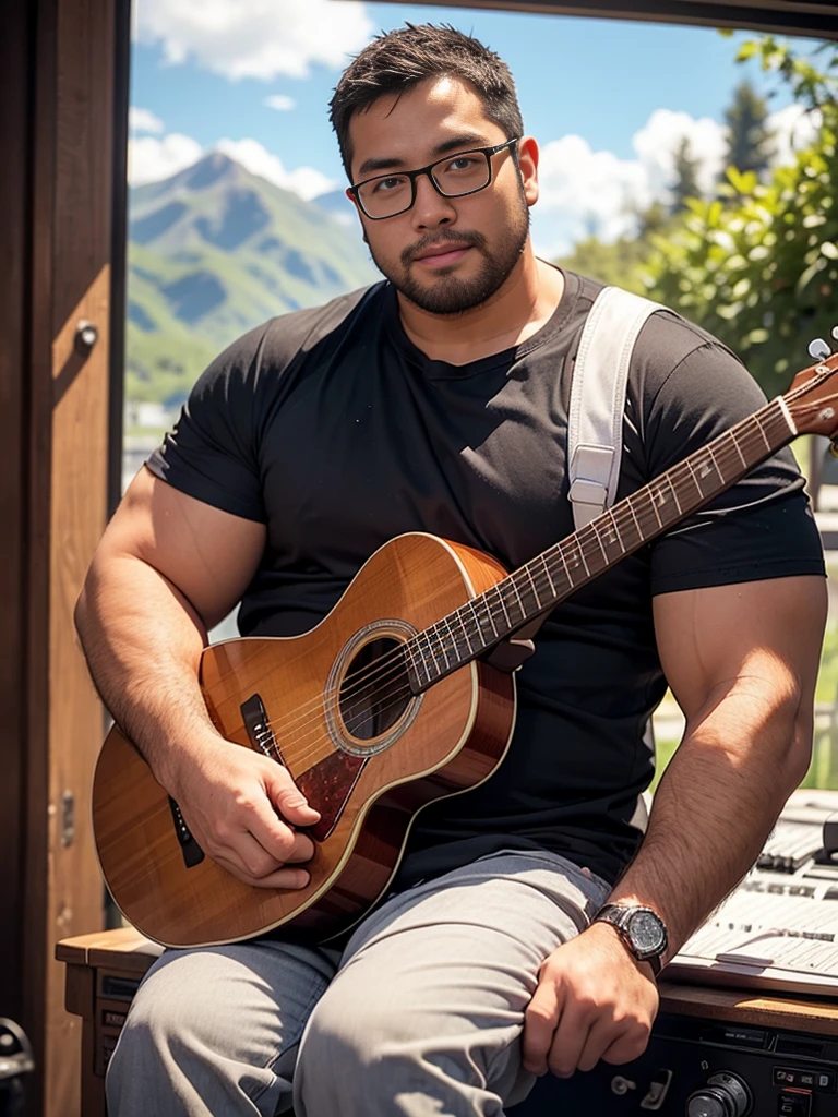 crew cut, (((full body))), (((landscape))), mature man, [slightly fat], asian man, rounded face, brown eyes, ((rounded face)), glasses, balding, 1boy, Solo, (big shoulders), (((stubbles, Short beard))), playing guitar, in a recording room,