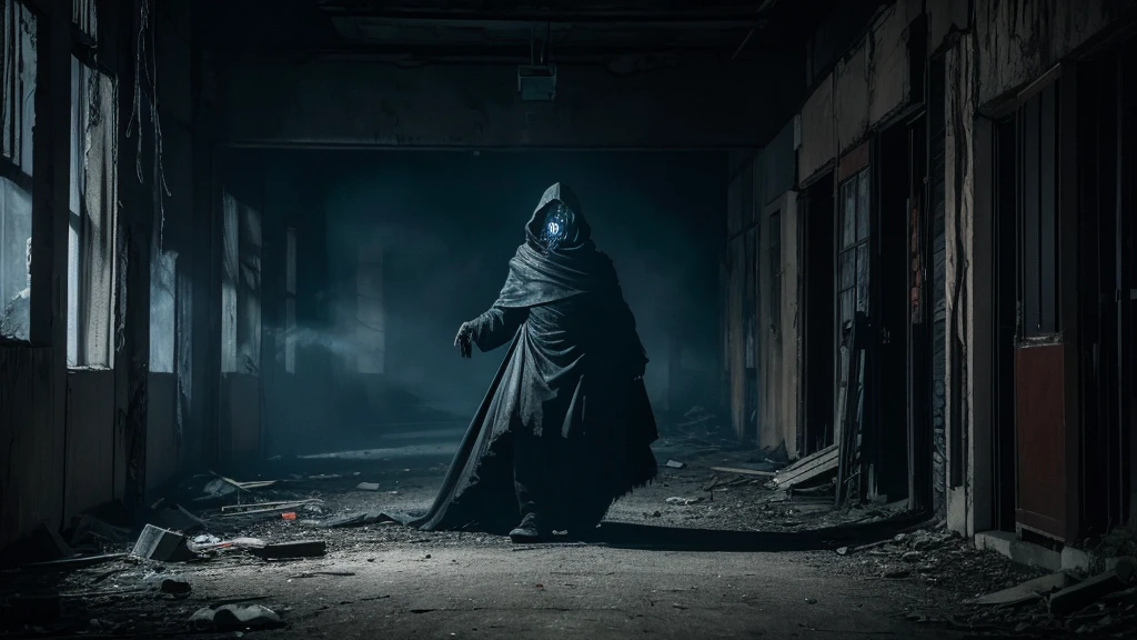 A ghostly apparition composed of shadow and smoke, with a face perpetually twisted in agony. The Screaming Wraith haunts an abandoned, desolate building at night, its mournful cries filling the air
