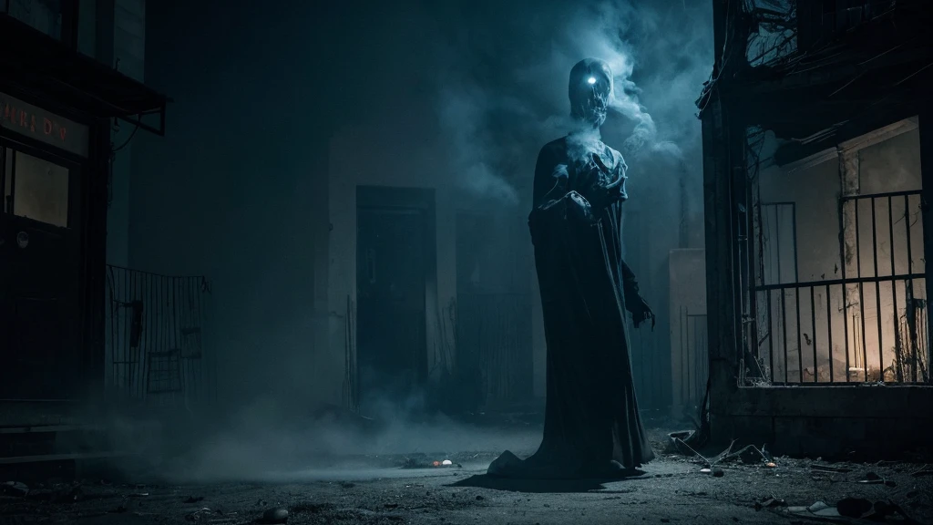 A ghostly apparition composed of shadow and smoke, with a face perpetually twisted in agony. The Screaming Wraith haunts an abandoned, desolate building at night, its mournful cries filling the air