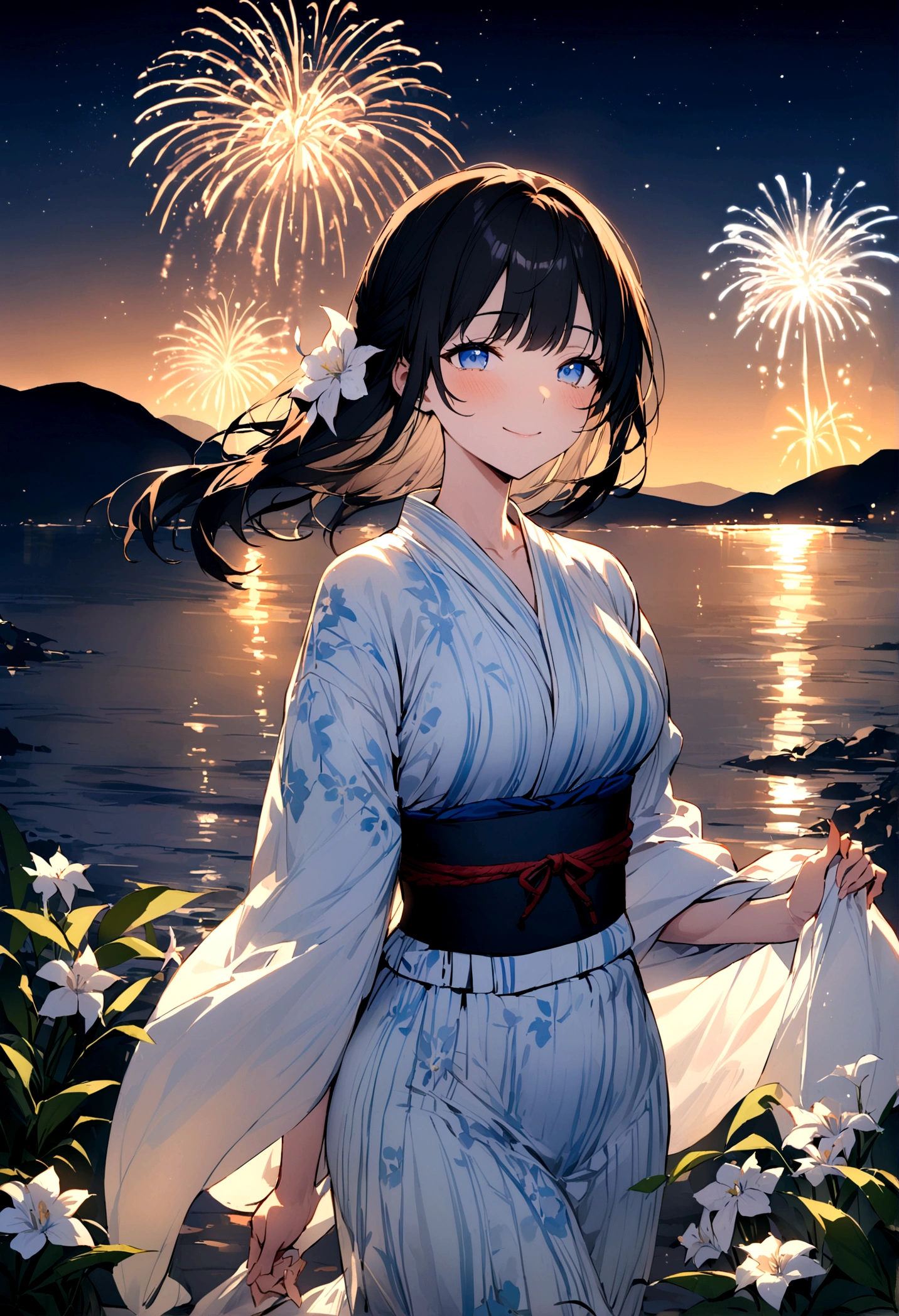masterpiece, best quality, Summer Kimono,Light-colored kimono,White-headed flower,Flowering, Blue Eyes,firework, firefly,reed bush, Smile, Night Sky, Black hair,Walk by the sea