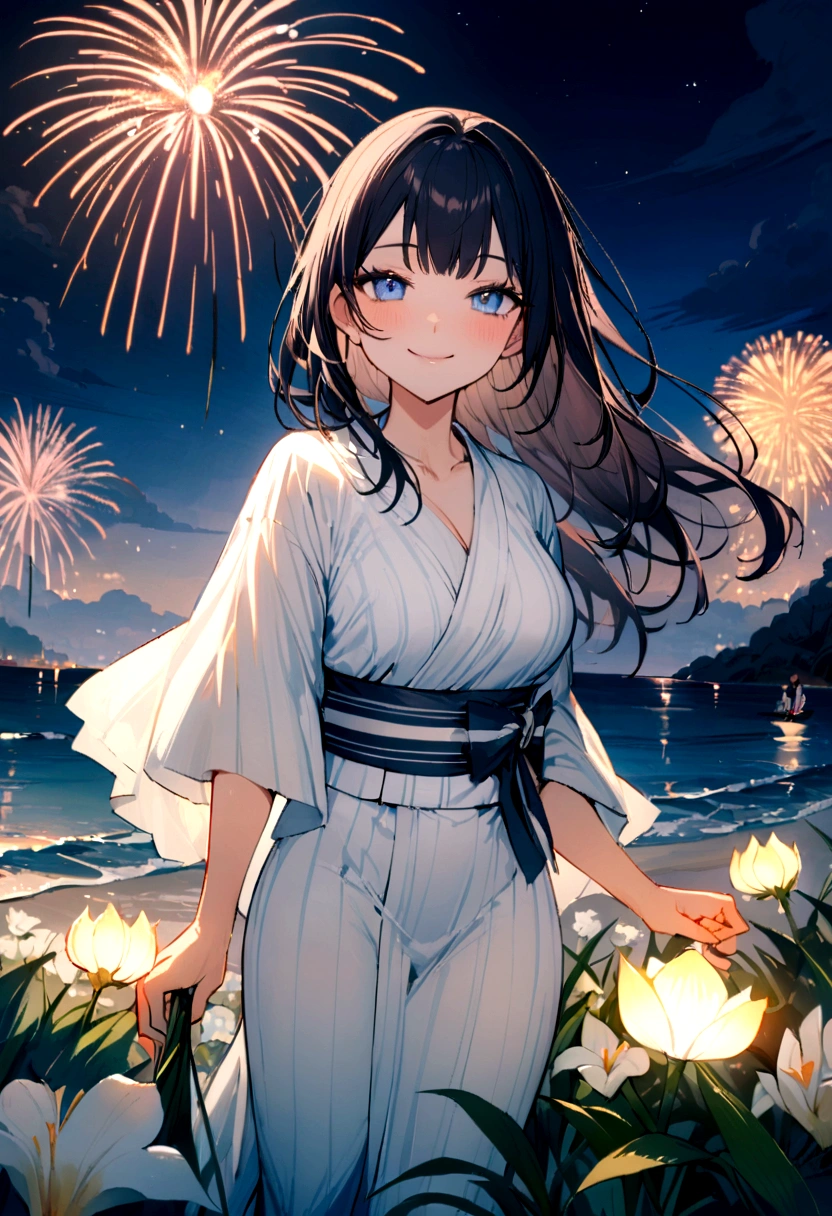 masterpiece, best quality, Summer Kimono,Light-colored kimono，White-headed flower，Flowering, Blue Eyes，firework, firefly，reed bush, Smile, Night Sky, Black hair，Walk by the sea