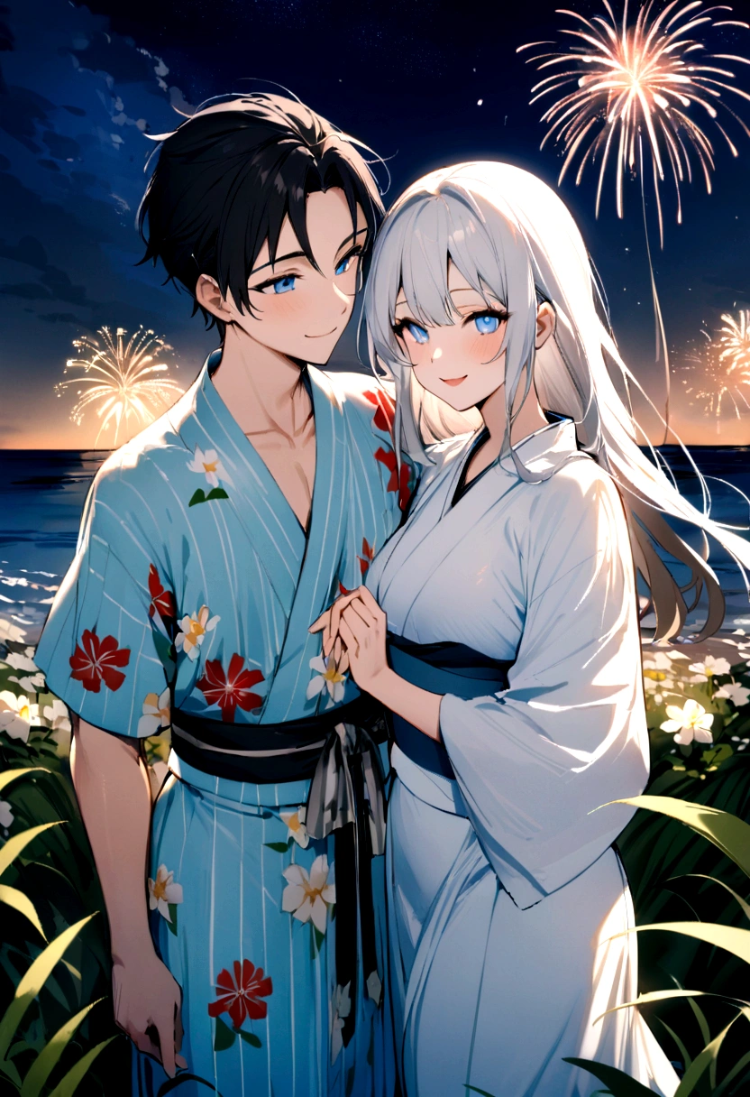 masterpiece, best quality, Summer Kimono,Light-colored kimono,White-headed flower,Flowering, Blue Eyes,firework, firefly,reed bush, Smile, Night Sky, Black hair,Walk by the sea