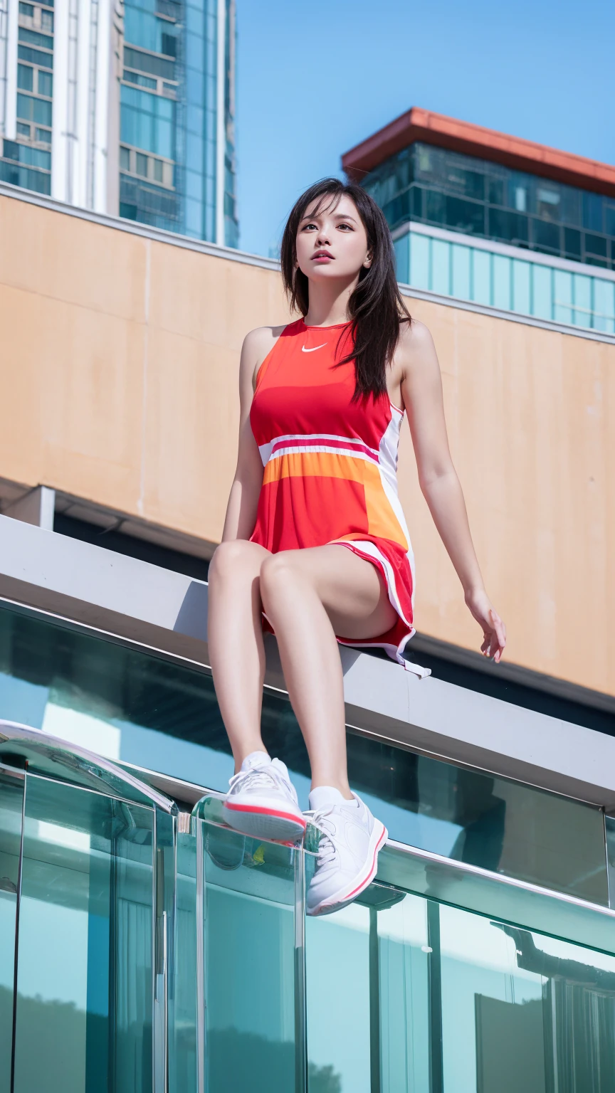 Girl in colorful dress，(Look up:1.5)，athletic sneakers，Shallow space，Urban architectural background，Sit Pose，Sitting on the balcony on the roof of the glass podium, Best quality, Masterpiece, 8K，depth of fields