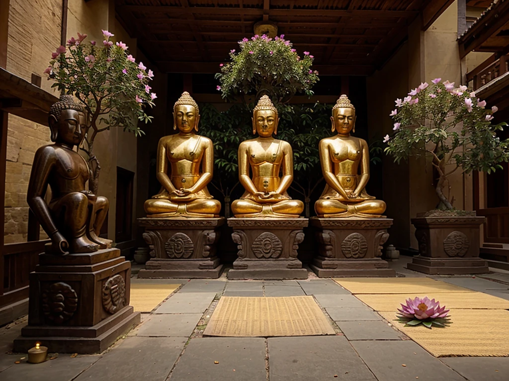 Buddha statues, temples, mountains, lotus flowers, monks, Dharma practitioners