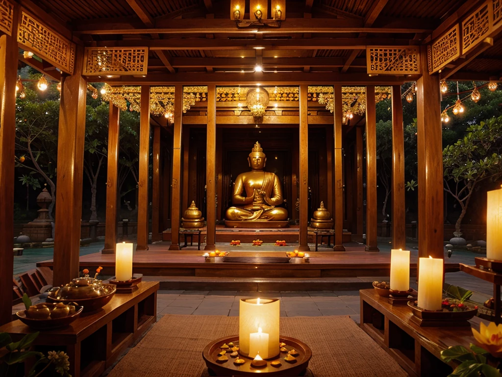 Buddha statues, temples, mountains, lotus flowers, monks, Dharma practitioners