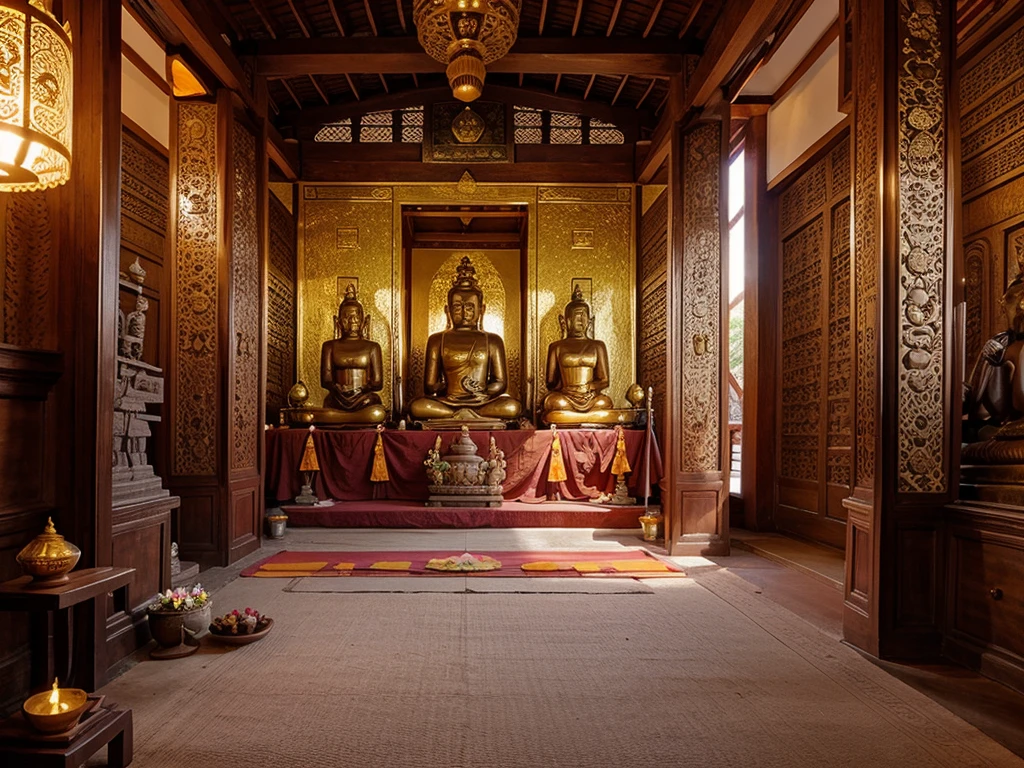 Buddha statues, temples, mountains, lotus flowers, monks, Dharma practitioners