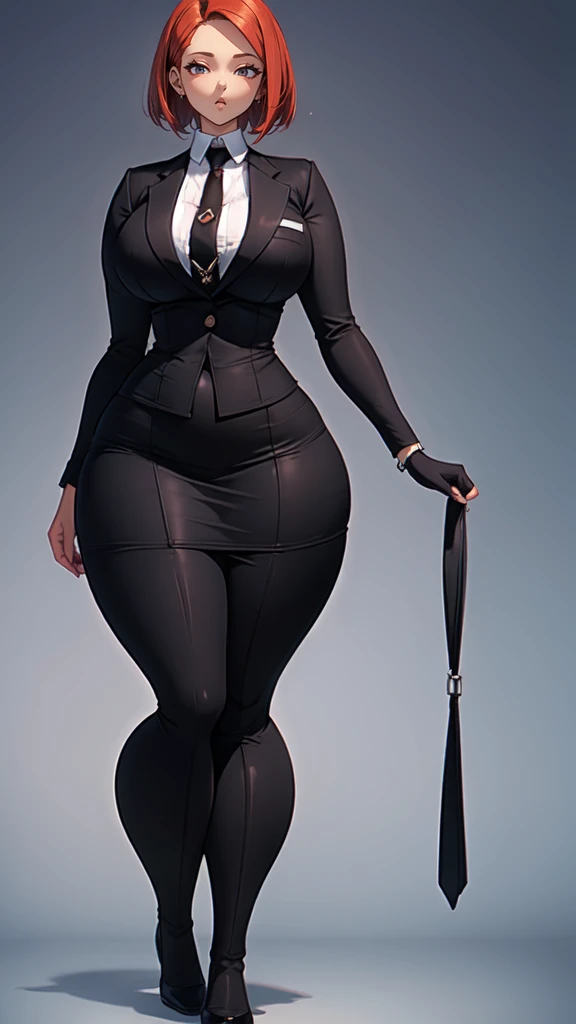 blank background, (((full body))), (masterpiece), ((best quality)), ((tall girl)), straight hair (curvy:1.8), (short skirt), shoes, belt below navel, redhead hair,, (black suit and tie), wide hips