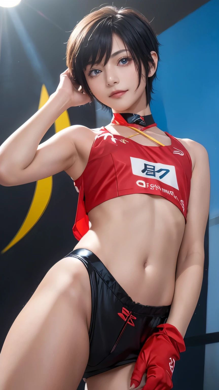 resolution,Sharp focus、(Super detailed,Very detailed)、(Photorealistic artwork:1.37)、(Very detailed CG unity 8k wallpaper)、(((Vibrant colors,Vibrant Themes)))、(Complex)、(masterpiece)、(Highest quality)、Artistic photography、(Photography by sldr)、(Complex background)、perfectly rendered face、Perfect facial details、Realistic Face、((Complex detail)),(((realism))),フォトrealism ]!!!、Smooth anime CG art、アニメrealism、3D Anime Real(masterpiece、Premium Quality:1.2)、Photo of a boy、Beautiful Boy、Black-haired boy、Boy with medium short hair、A boy with short hair covering his ears、Japan Boy、Cute boy、-yeld bolim boy、Slender boy、Neutral boy、Femboy、A boy with feminine, soft body lines、A boy with a slender body、shiny and smooth skin、((Flat Chest 1.5))、A boy who looks like Gamon Kawai、(Race Queen Costume: 1.2)、Bloomers、Watching the audience、Stick your butt out、deep navel、choker、smile