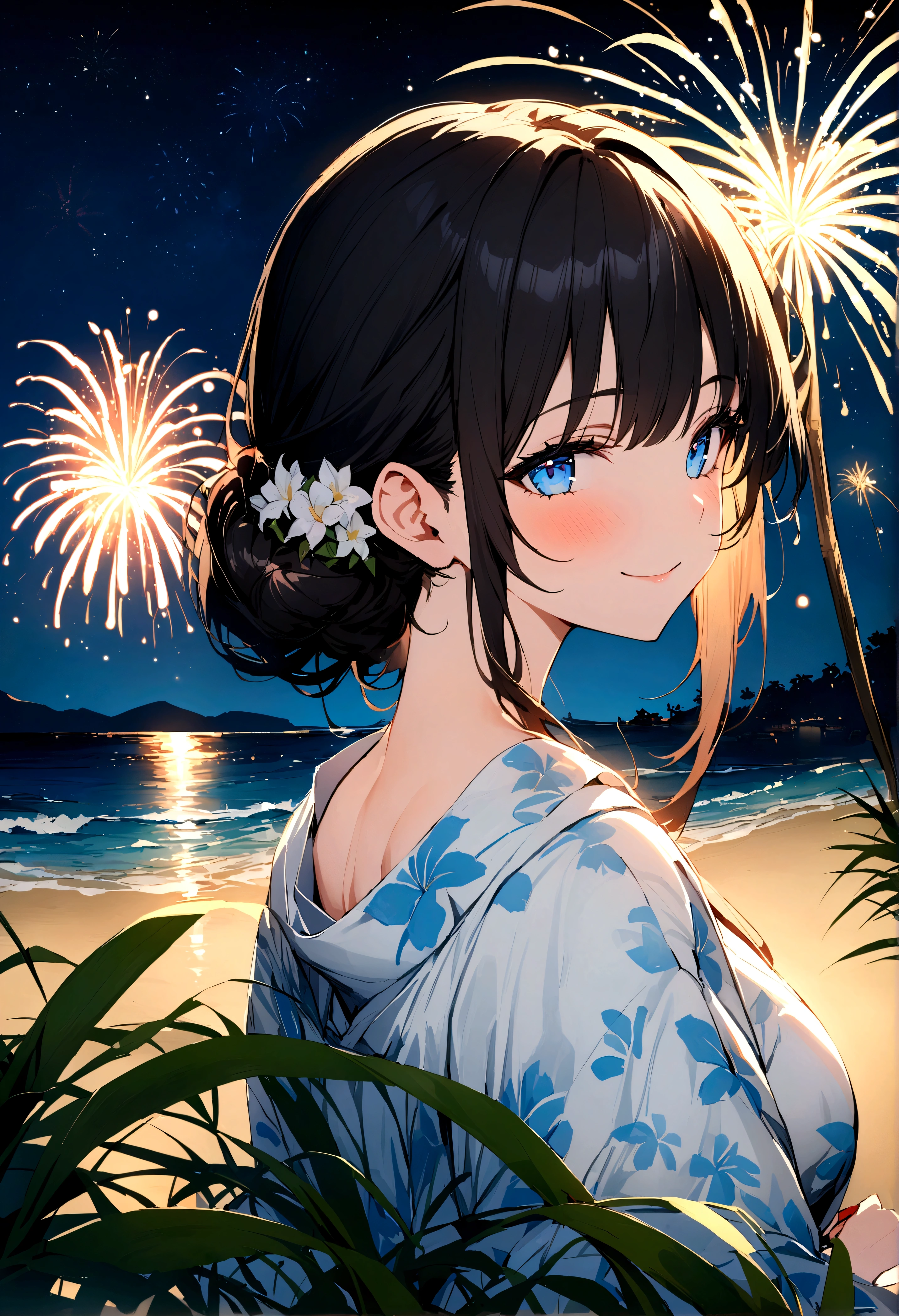 masterpiece, best quality, Summer Kimono,Light-colored kimono,White-headed flower,Flowering, Blue Eyes,firework, firefly,reed bush, Smile, Night Sky, Black hair,(Back),Beach